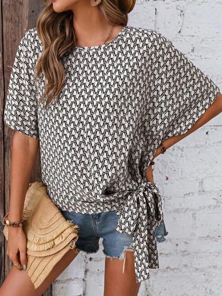 

Geometric Casual Loose Crew Neck Shirt, Black-white, Shirts & Blouses