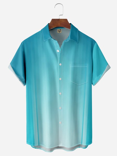 

Gradient Color Chest Pocket Short Sleeve Casual Shirt, Blue, Men Shirts