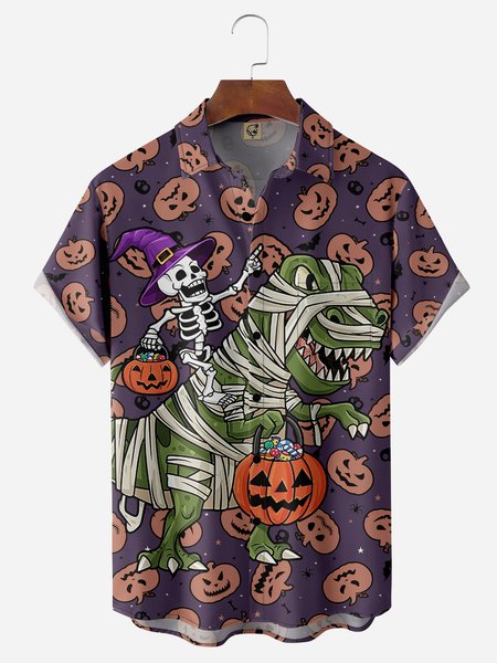 

Halloween Pumpkin Dinosaur Chest Pocket Short Sleeve Shirt, Purple, Men Shirts