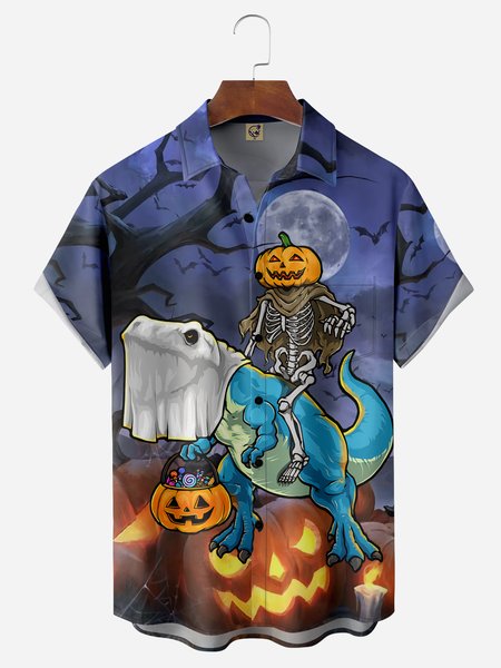 

Halloween Dinosaur Chest Pocket Short Sleeve Casual Shirt, Blue purple, Men Shirts