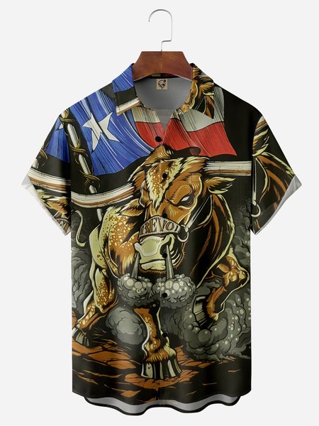 

Cattle Chest Pocket Short Sleeve Casual Shirt, Black, Men Shirts