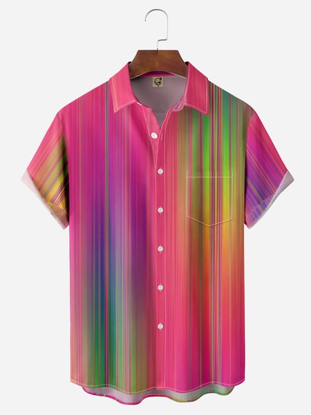 

Abstract Gradient Lines Chest Pocket Short Sleeve Casual Shirt, Dark pink, Men Shirts