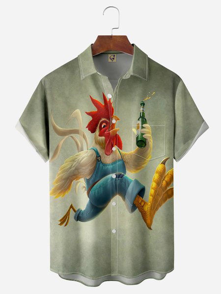 

Kung Fu Chicken Chest Pocket Short Sleeve Casual Shirt, Green, Men Shirts