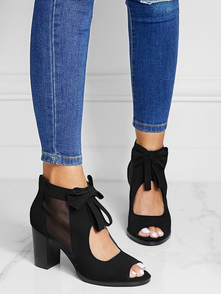 

Elegant Bowknot Mesh Peep-Toe Chunky Heel Sandals, Black, Heels