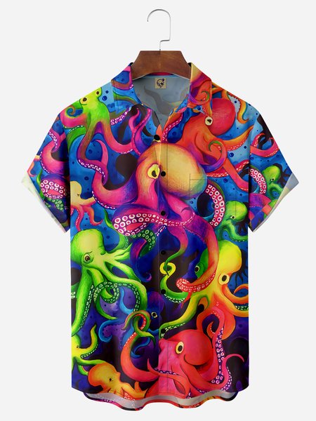 

Octopus Chest Pocket Short Sleeve Casual Shirt, Blue, Men Shirts