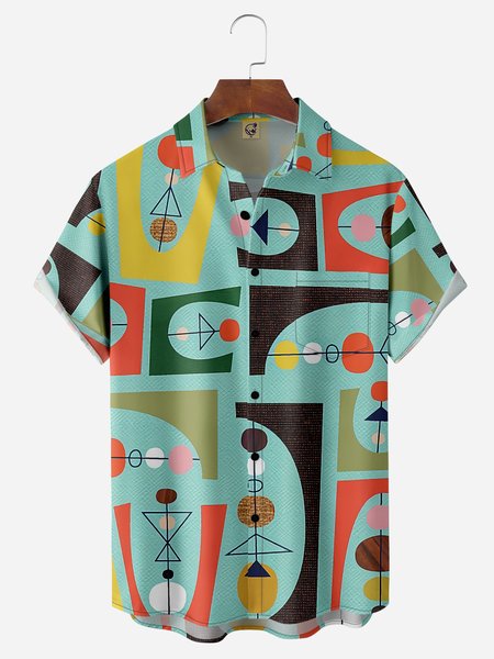 

Geometric Pattern Chest Pocket Short Sleeves Casual Shirts, Green, Men Shirts