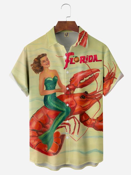 

Vintage Belle Lobster Chest Pocket Short Sleeve Hawaiian Shirt, Light yellow, Men Shirts