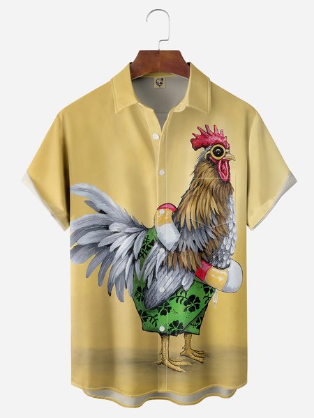 

Swimming Rooster Chest Pocket Short Sleeve Hawaiian Shirt, Yellow, Men Shirts