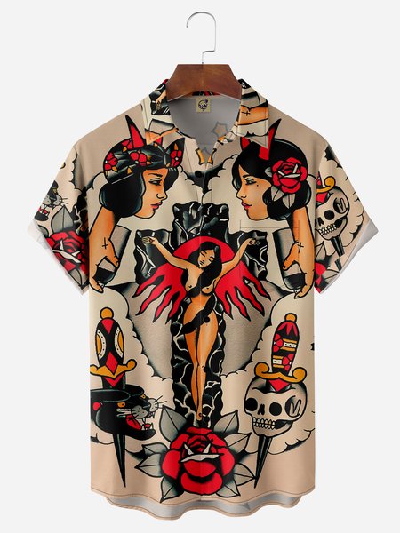 

Vintage Beauty Tattoo Chest Pocket Short Sleeves Hawaiian Shirt, Khaki, Men Shirts