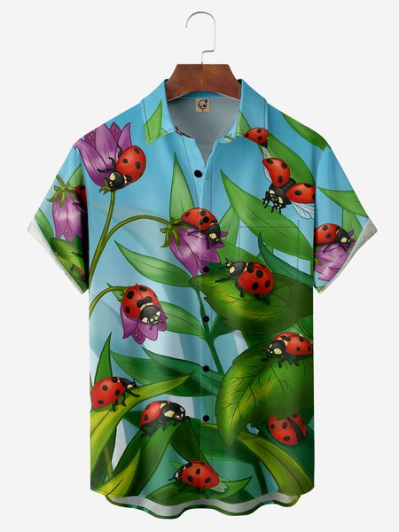 

Ladybug Chest Pocket Short Sleeve Hawaiian Shirt, Blue, Men Shirts