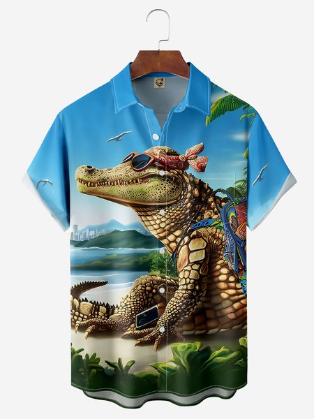 

Crocodile Chest Pocket Short Sleeve Hawaiian Shirt, Blue, Men Shirts