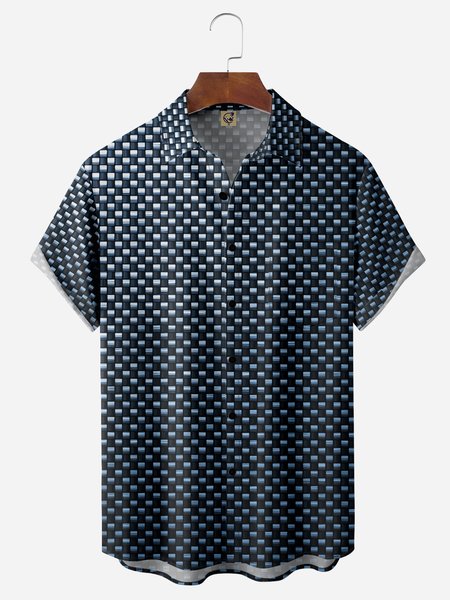 

Geometric Check Chest Pocket Short Sleeves Casual Shirts, Grey-blue, Men Shirts