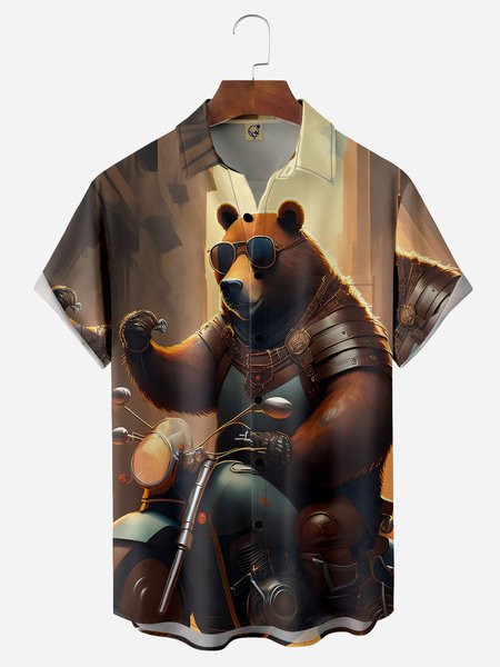 

Bear Moto Chest Pockets Short Sleeves Casual Shirts, Brown, Men Shirts