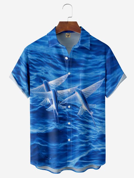 

Flying Fish Chest Pocket Short Sleeve Hawaiian Shirt, Blue, Men Shirts