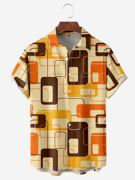 

Mid Century Geo Pattern Chest Pocket Short Sleeve Casual Shirt, Yellow, Men Shirts