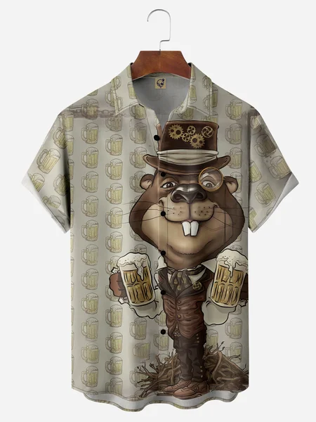 

Beaver Chest Pocket Short Sleeve Casual Shirt, Gray-brown, Men Shirts
