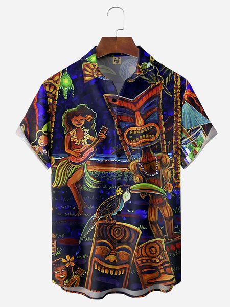 

TIKI Retro Beauty Chest Pocket Short Sleeved Hawaiian Shirt, Navyblue, Men Shirts