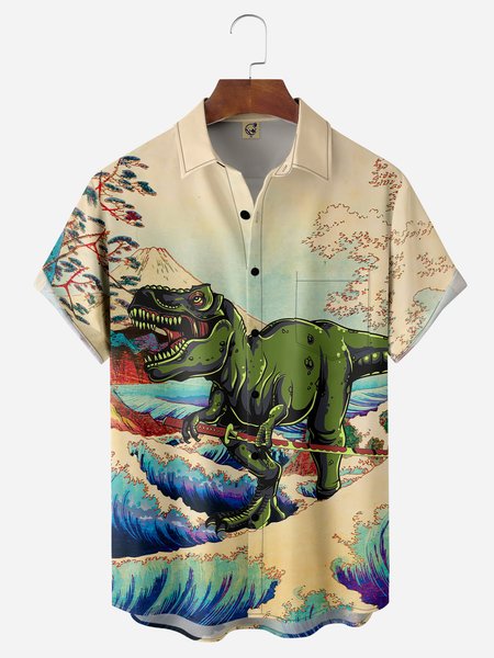 

Ukiyo-e Dinosaur Chest Pocket Short Sleeve Casual Shirt, Blue, Men Shirts