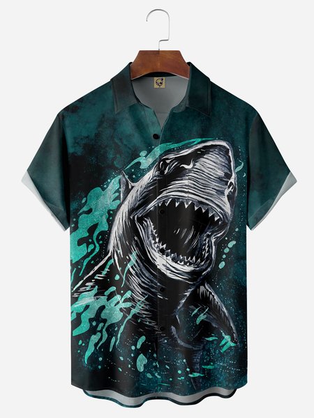 

Shark Chest Pocket Short Sleeve Hawaiian Shirt, Dark green, Men Shirts