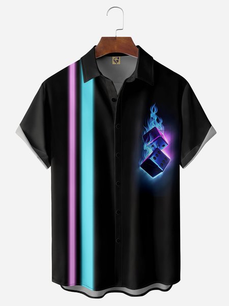 

Flame Dice Chest Pocket Short Sleeve Bowling Shirt, Black, Men Shirts