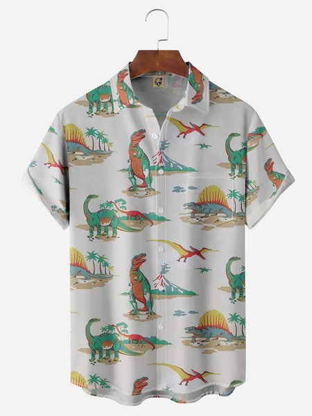 

Dinosaur Chest Pocket Short Sleeve Casual Shirt, White-gray, Men Shirts