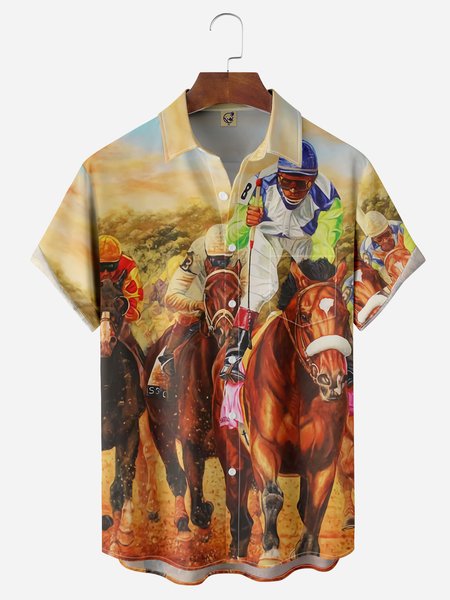 

Horserace Chest Pocket Short Sleeve Casual Shirt, Khaki, Men Shirts