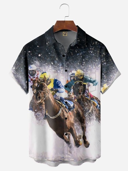 

Horse Racing Chest Pocket Short Sleeve Shirt, Black, Men Shirts