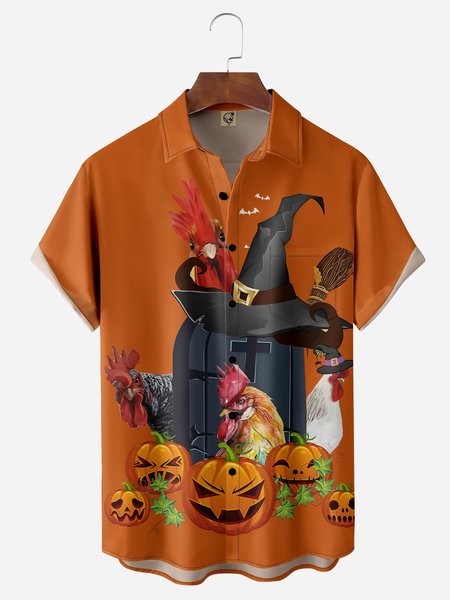 

Halloween Chicken Chest Pocket Short Sleeve Shirt, Orange, Men Shirts