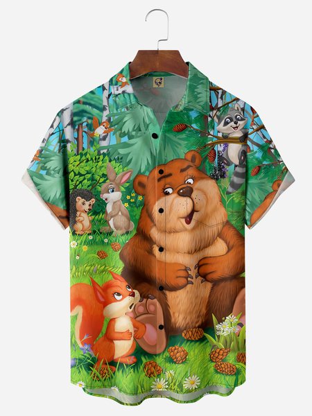 

Animals Home Chest Pocket Short Sleeve Casual Shirt, Green, Men Shirts