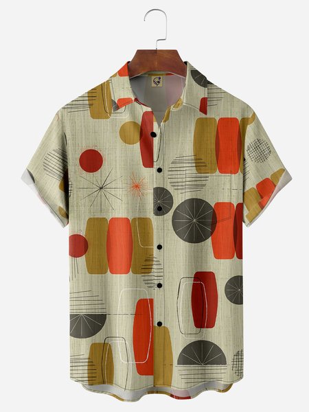 

Geometric Art Chest Pocket Short Sleeve Casual Shirt, Brown, Men Shirts