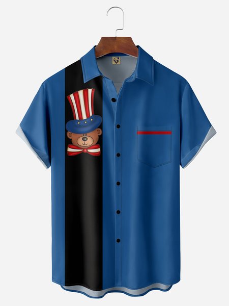 

American Beer Chest Pocket Short Sleeve Bowling Shirt, Blue, Men Shirts