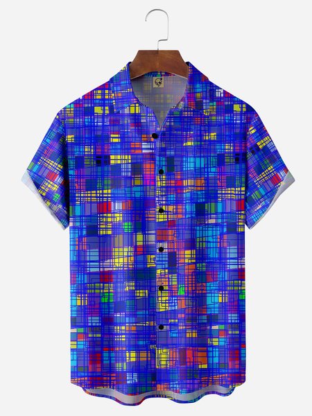 

Geometric Chest Pocket Short Sleeve Casual Shirt, Blue, Men Shirts