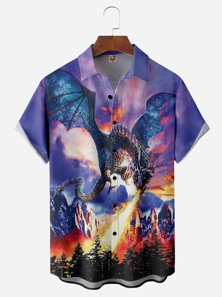 

Dragon Chest Pocket Short Sleeve Casual Shirt, Blue purple, Men Shirts