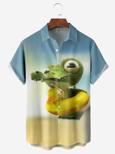 

Cartoon Crocodile Chest Pocket Short Sleeve Casual Shirt, Blue, Men Shirts