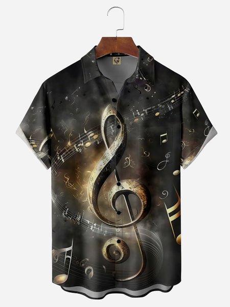 

Music Chest Pocket Short Sleeve Shirt, Black, Men Shirts