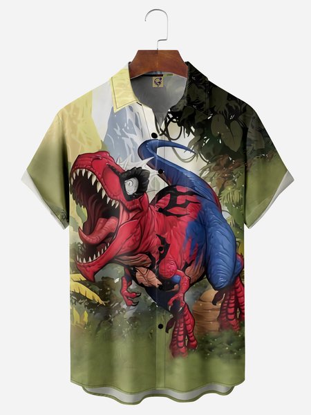 

Dinosaur Chest Pocket Short Sleeve Casual Shirt, Green, Men Shirts