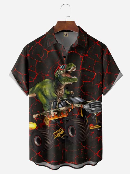 

Monster Truck T Rex Chest Pocket Short Sleeve Casual Shirt, Red, Men Shirts