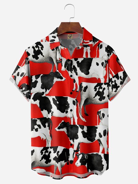 

Cows Chest Pocket Short Sleeve Casual Shirt, Red, Men Shirts