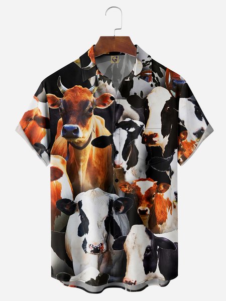 

Cows Chest Pocket Short Sleeve Casual Shirt, Black-white, Men Shirts