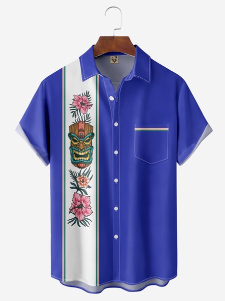 

TIKI Floral Chest Pocket Short Sleeve Bowling Shirt, Blue, Men Shirts