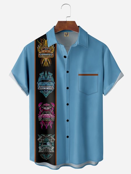 

Vintage Car Pinstripe Chest Pocket Short Sleeve Bowling Shirt, Blue, Men Shirts