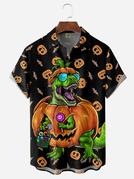 

Halloween Dinosaur Chest Pocket Short Sleeve Shirt, Black, Men Shirts