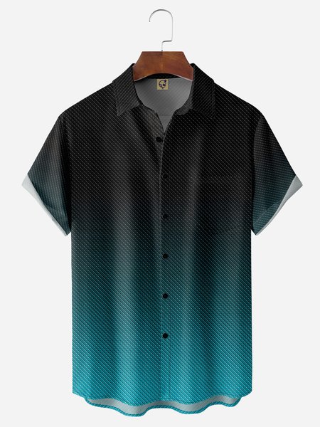 

Gradient Color Chest Pocket Short Sleeve Casual Shirt, Black-blue, Men Shirts