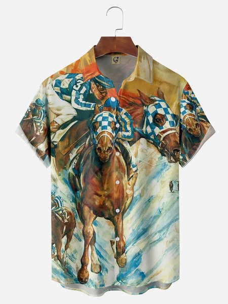 

Horserace Chest Pocket Short Sleeve Casual Shirt, Blue, Men Shirts