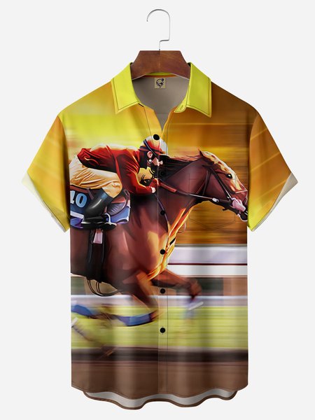 

Horse Racing Chest Pocket Short Sleeve Casual Shirt, Yellow, Men Shirts