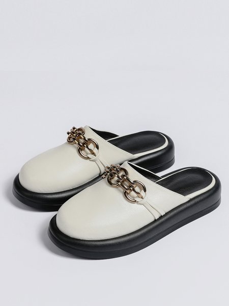 

Gold Thick Chain Design Slip-on Mules, White, Loafers