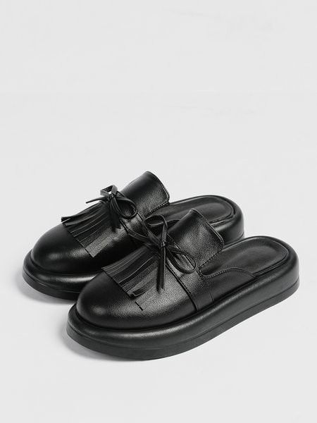 

Yellow Black White Bow Tassel Classic Loafer Mules, Flats