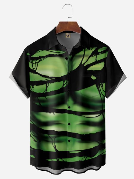 

Anime Chest Pocket Short Sleeve Casual Shirt, Green, Men Shirts
