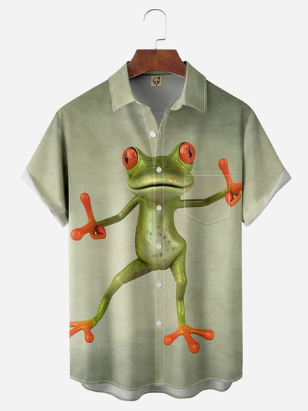

Animal Frog Chest Pocket Short Sleeve Hawaiian Shirt, Green, Men Shirts