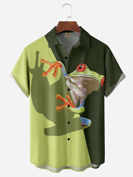 

Frog Chest Pocket Short Sleeve Hawaiian Shirt, Green, Men Shirts